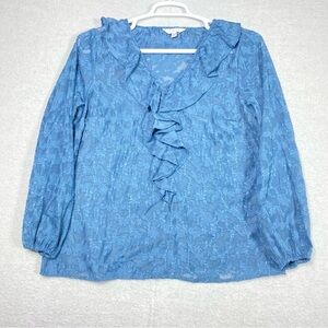 Lauren Conrad Ruffle Blouse L Blue Floral V Neck Long Sleeve Textured Semi Sheer